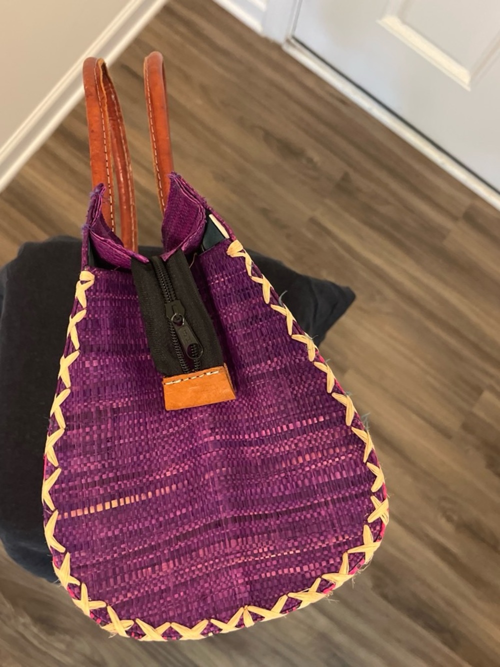 Purple Woven Straw Tote Bag with Leather Handles - Picture 3 of 5
